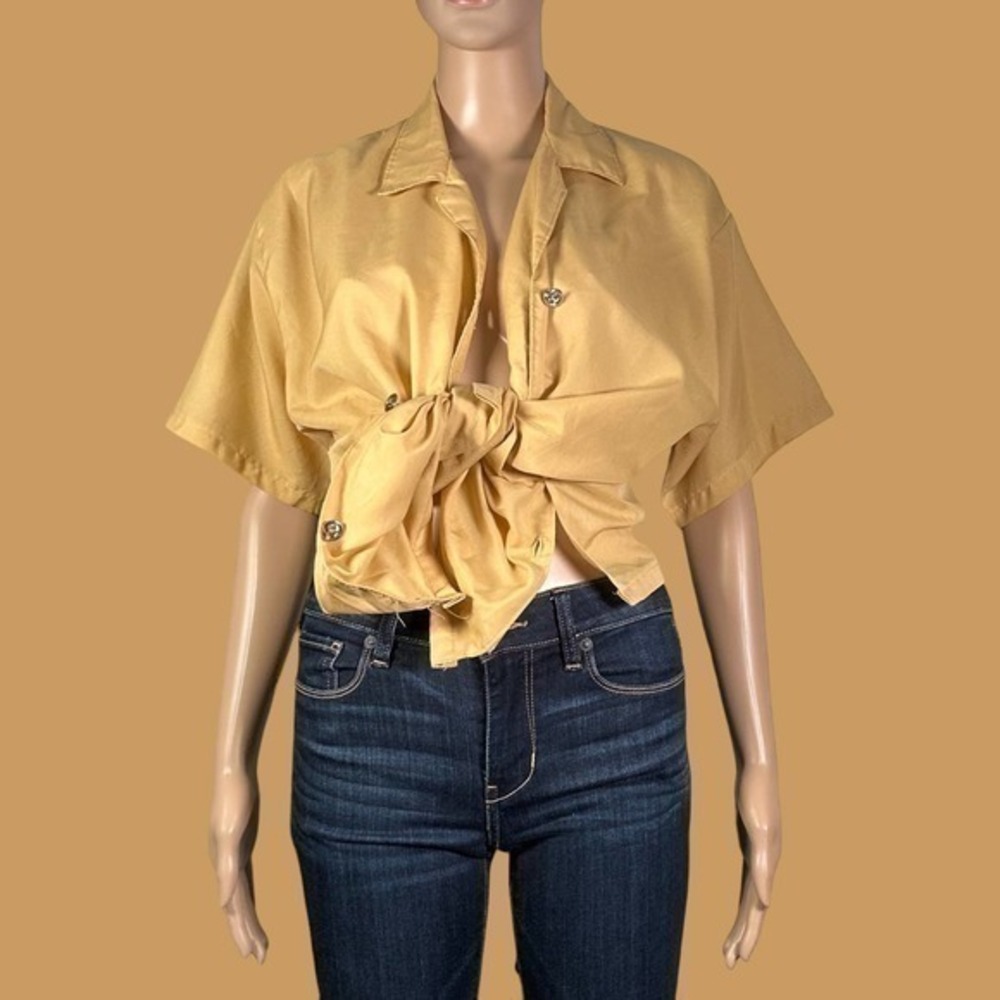 Vintage Right Angle Sportwear Yellow Tan Button Front Top Size XL -  "Kianna"